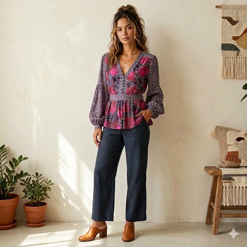 Anthropologie Edmé & Esyllte 100% Silk Mixed Print Boho Blouse - Size 0